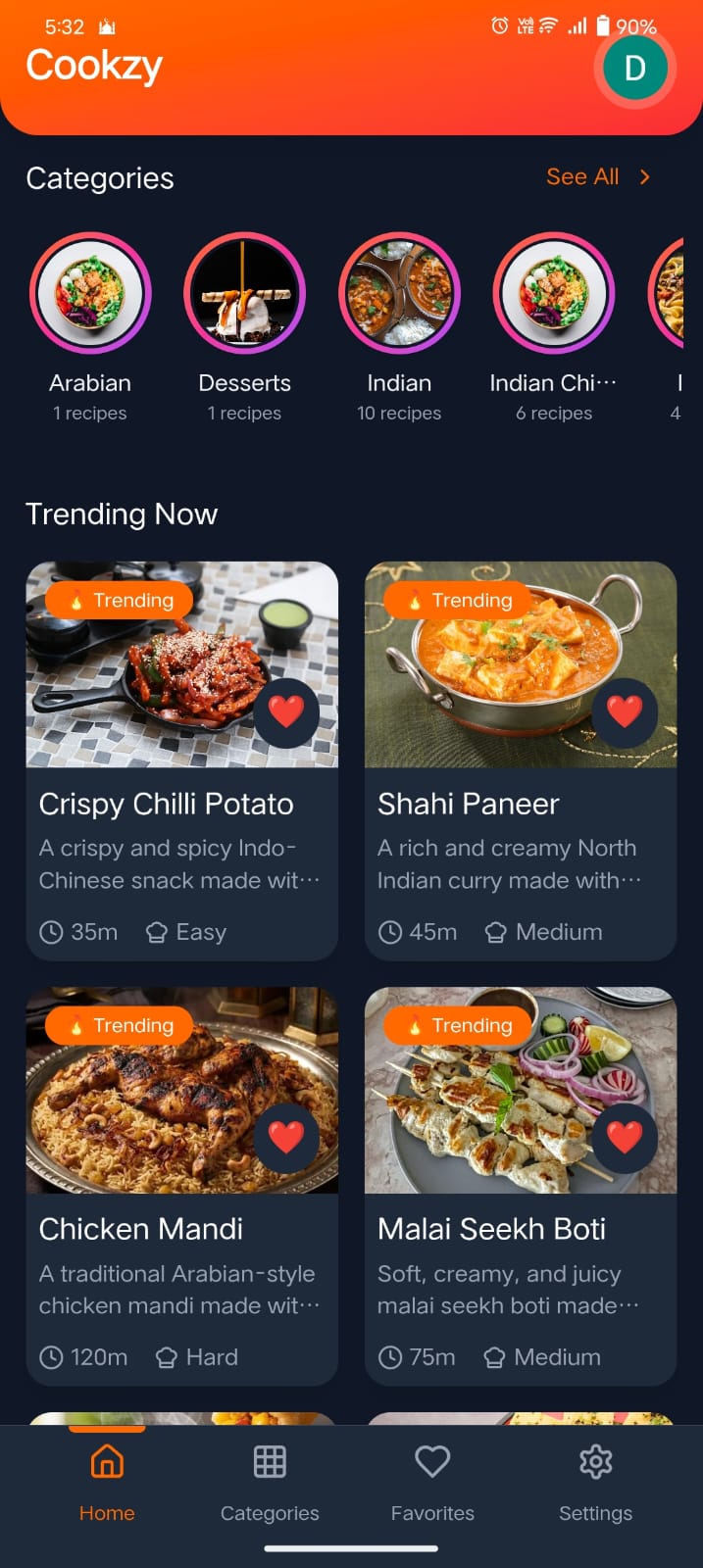 Cookzy home screen with categories and trending recipes