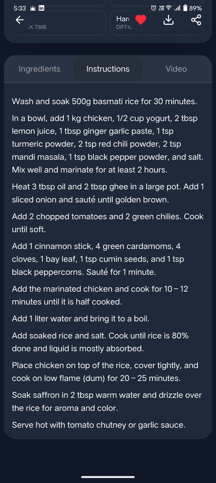 Recipe instructions view