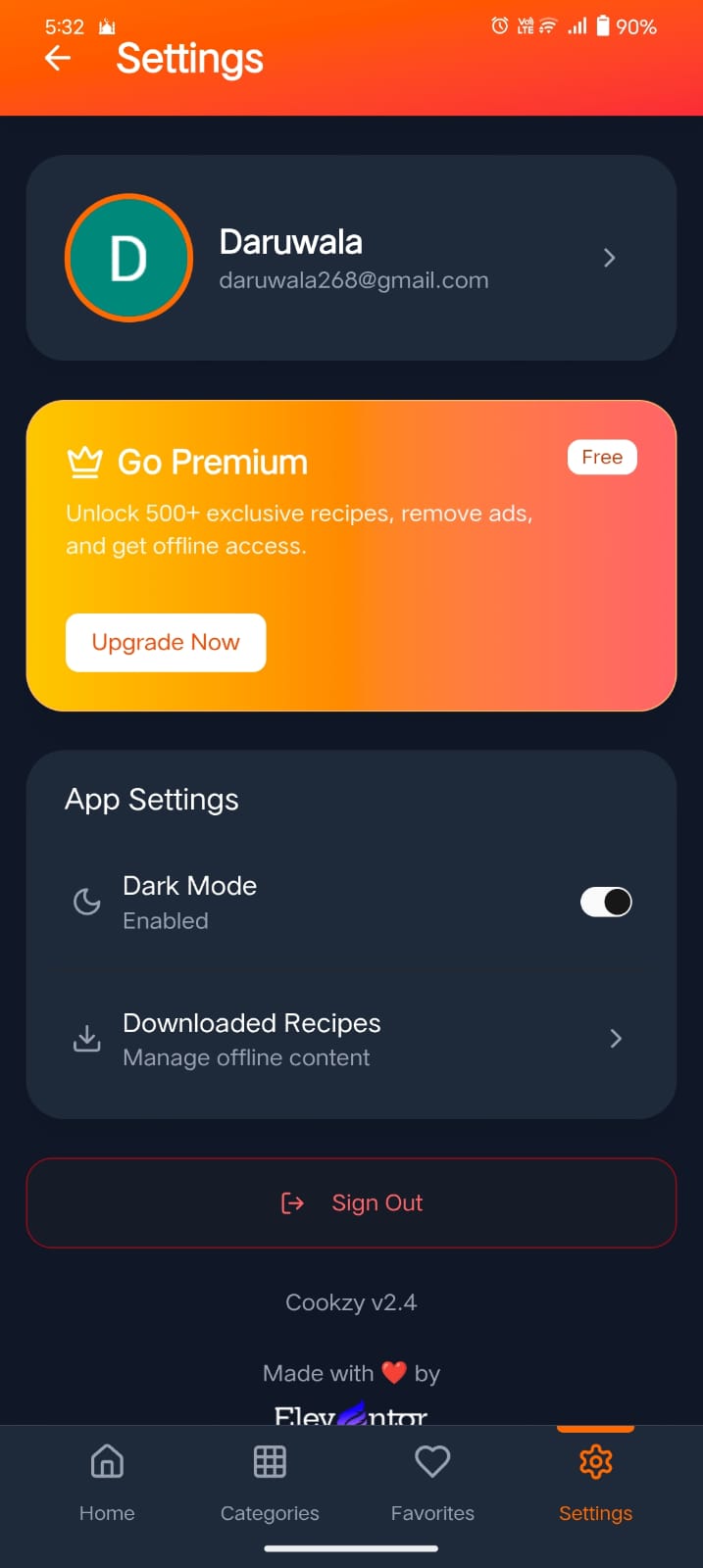 Settings screen with account and app preferences