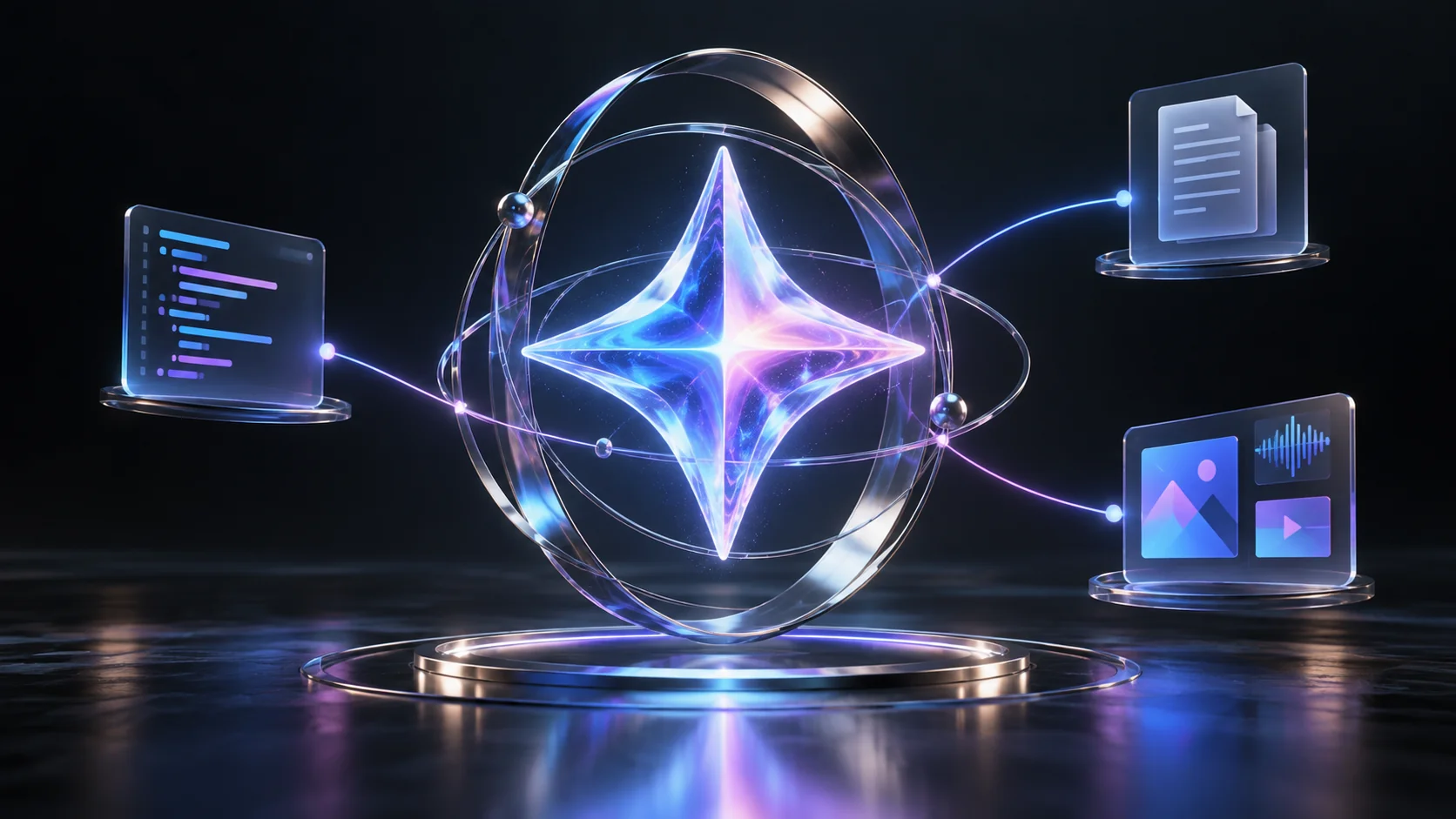 Glowing four-point star connected to code, document and multimedia panels in a Gemini 4 Argon concept illustration