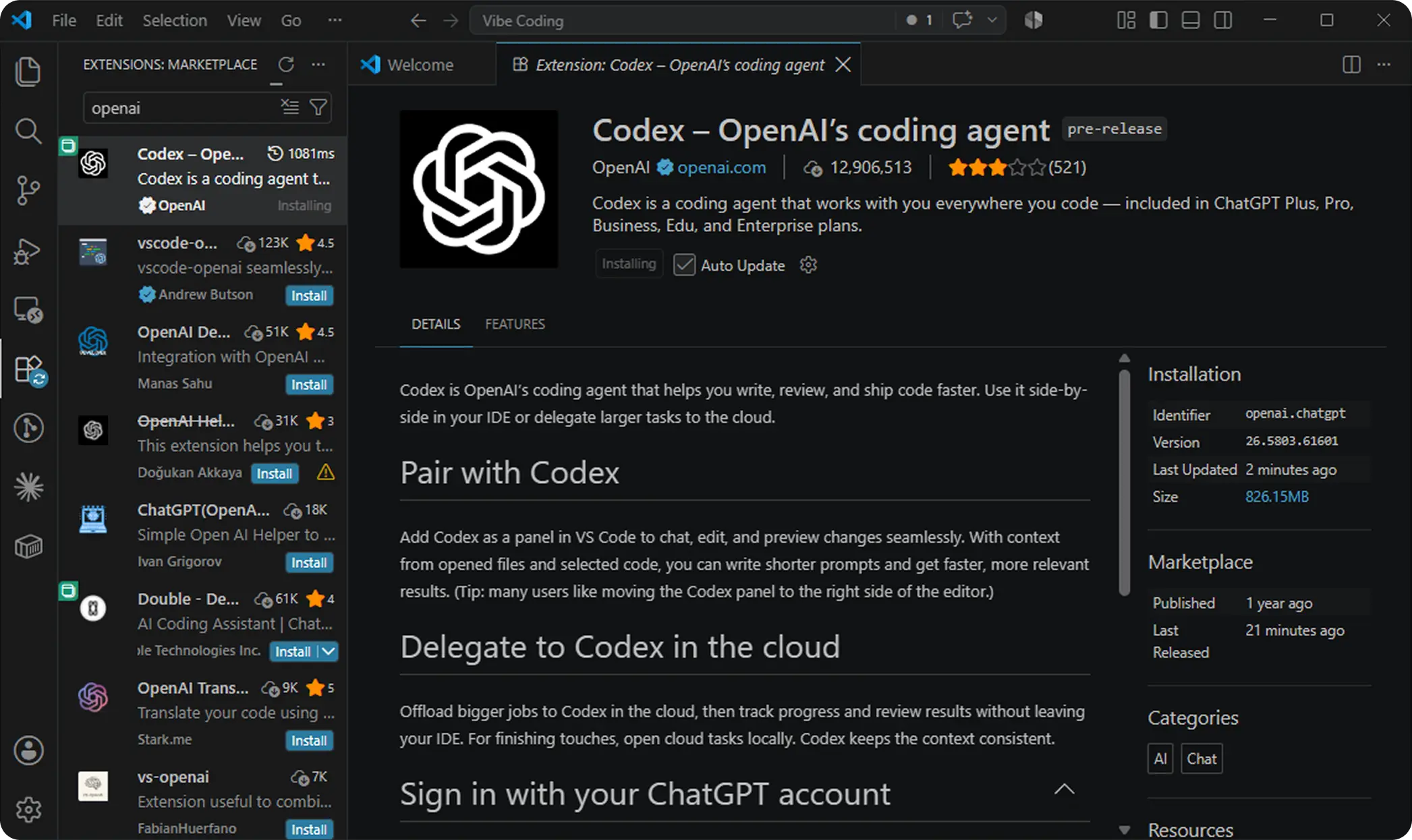 Installing OpenAI Codex extension in Visual Studio Code Marketplace