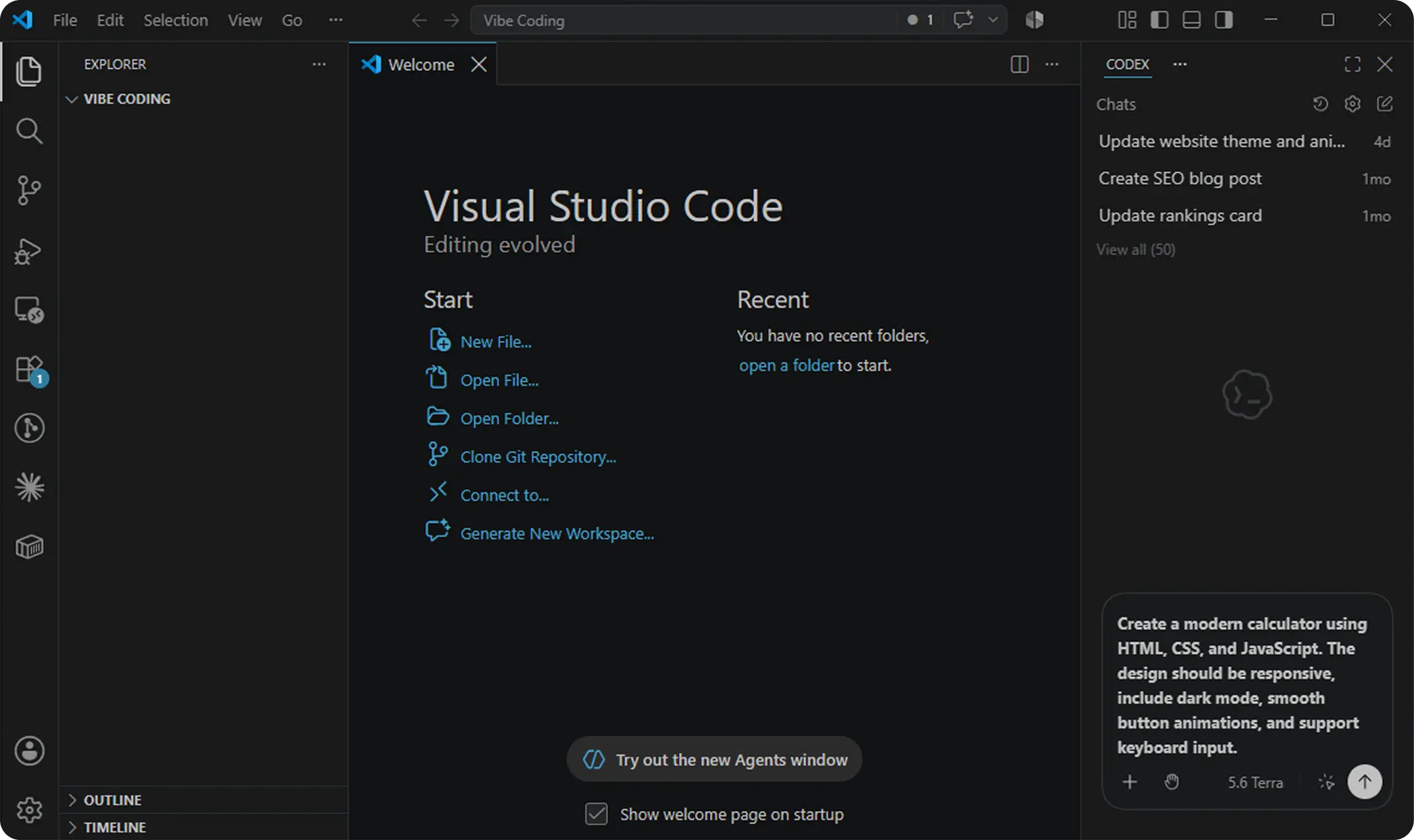 Prompting ChatGPT Codex to build a web application in VS Code